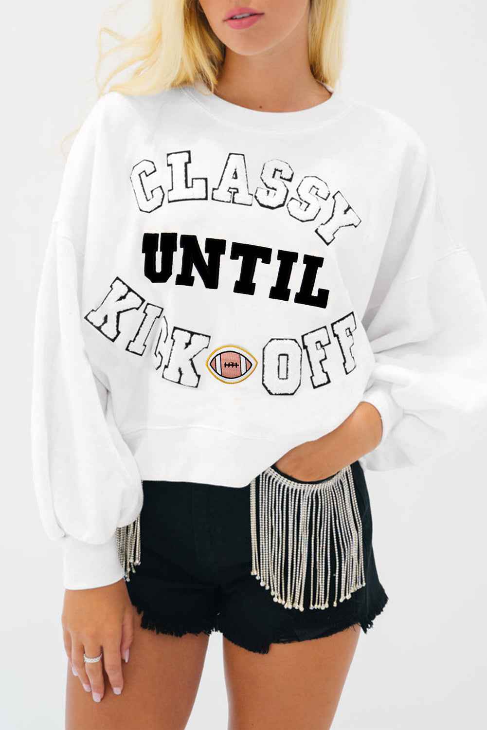 Black CLASSY UNTIL KICKOFF Plush Letter Patched Loose Sweatshirt White 65%Polyester+35%Cotton 4b9b8469372d775b