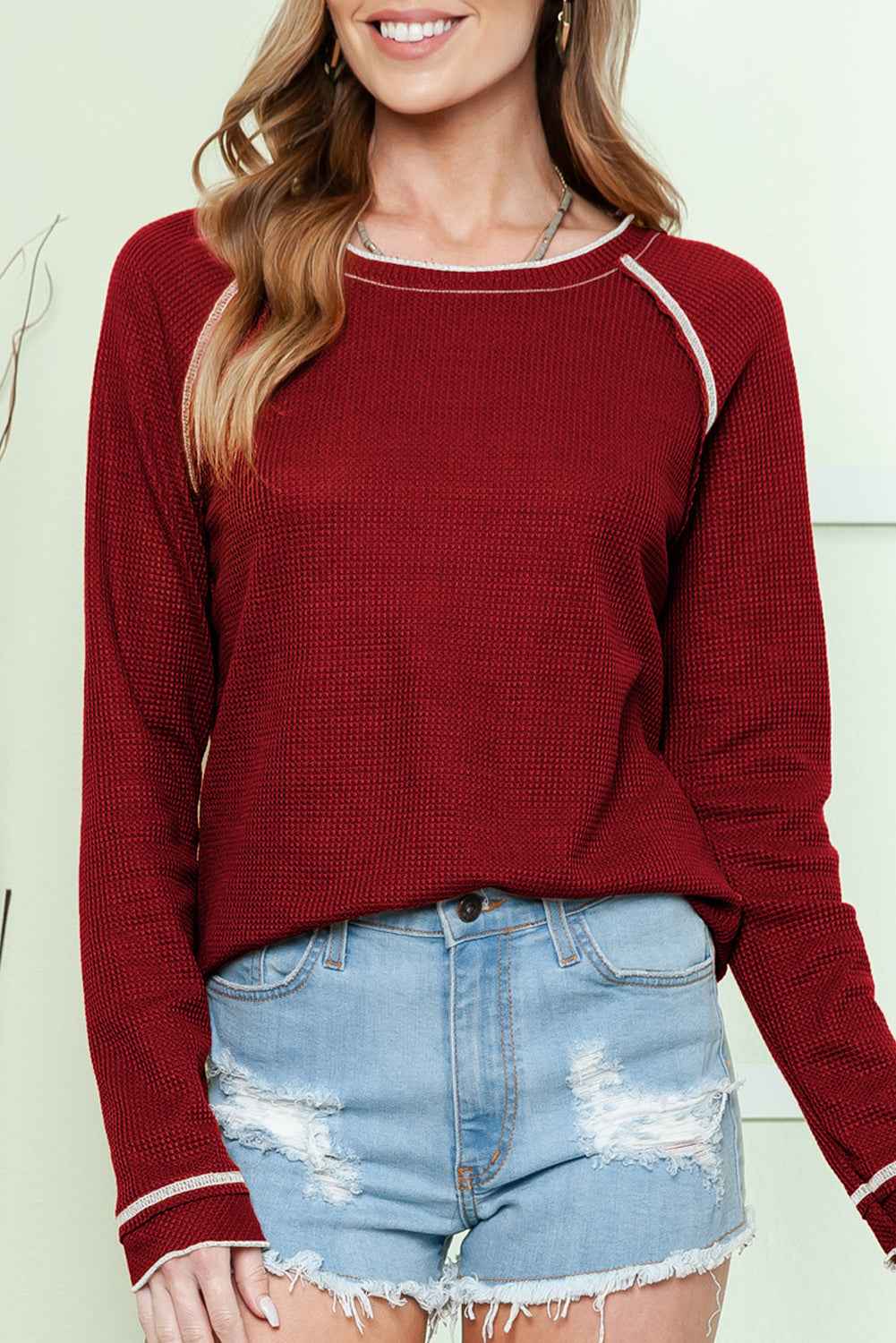 Red Exposed Seam Textured Pullover Long Sleeve Top 4b9be21e316e7787