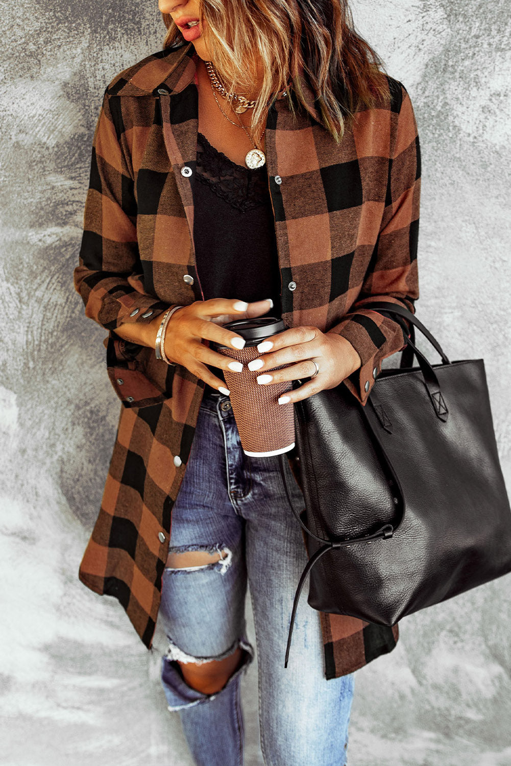 Brown & Black Plaid Collared Botton Down Long Shirt Shacket 4b9d3dd289b7fdef