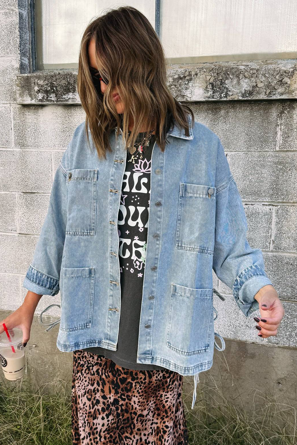 Beau Blue Multi Patched Pockets Side Tie up Boyfriend Style Denim Jacket 4b9f77c3deba9b67