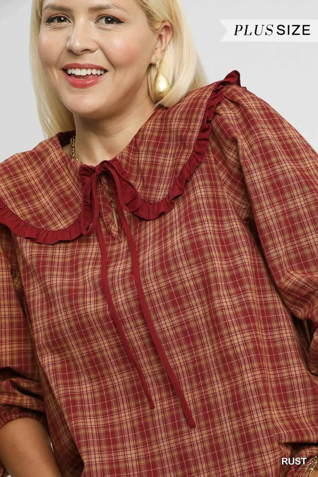 Umgee Full Size Plaid Ruffle Collar Blouse Plus Size 4ba412eb-8de0-4804-a9a4-6a359b94f830-Max-Origin