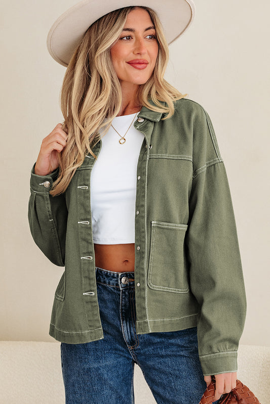 Smoke Green Patched Pocket Collared Button Front Boyfriend Denim Jacket 4ba44afaac084430