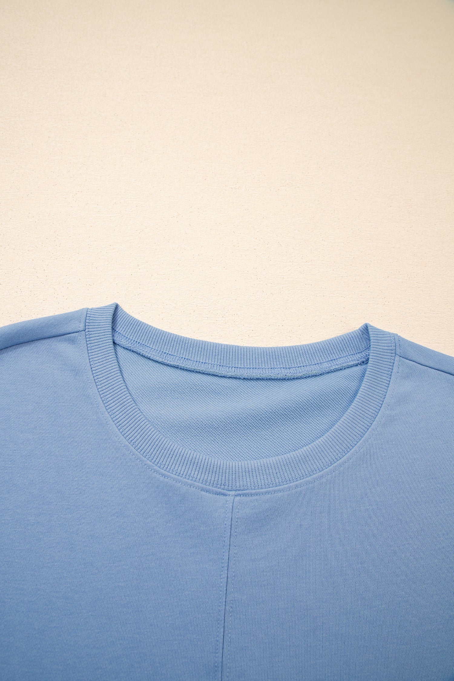 Sky Blue Solid Color Contrast Textured Patchwork Raw Edge 2pcs Short Set 4ba49bd35722a877