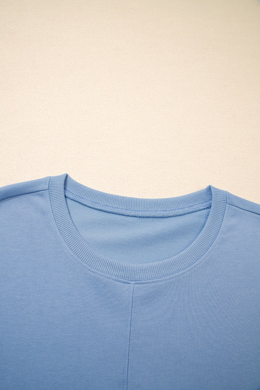 Sky Blue Solid Color Contrast Textured Patchwork Raw Edge 2pcs Short Set 4ba49bd35722a877