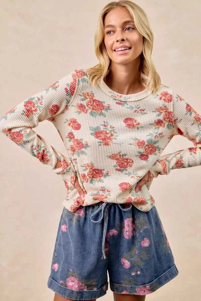 BiBi Floral Print Washed Waffle Thermal Top With Thumb 4ba50ff9438b482ab2095ba3106ffb6f-Max-Origin