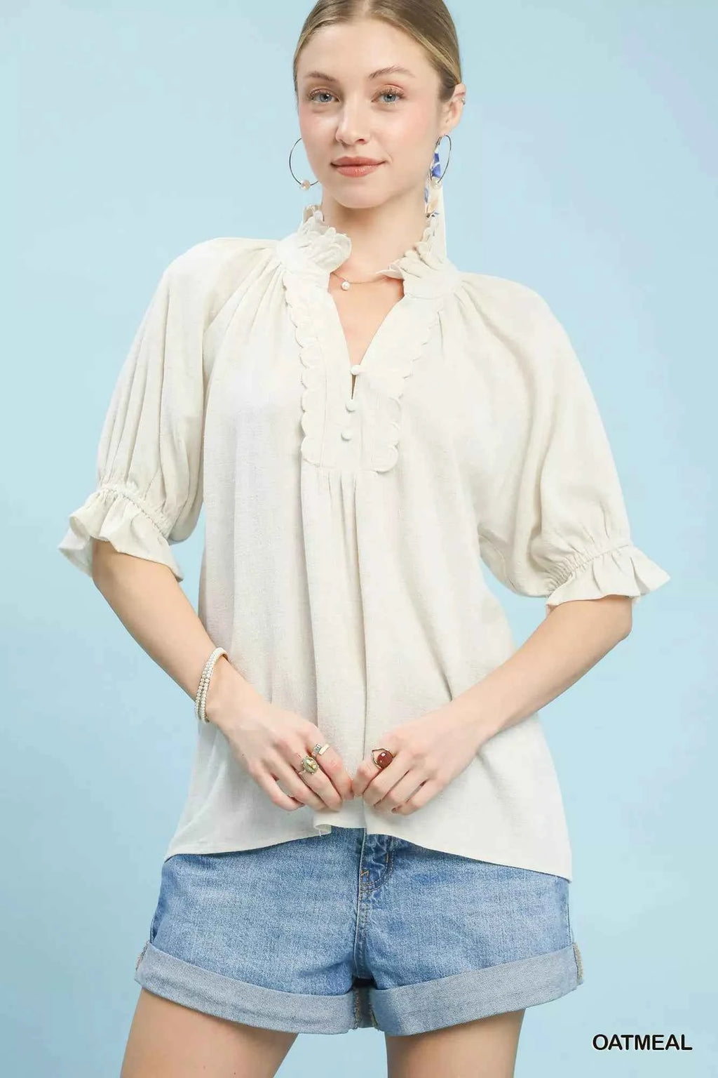 Umgee Linen Scalloped Ruffle Neck Blouse OATMEAL 4bafb29c-05b3-4787-bae6-dc1bf7ac2285-Max-Origin