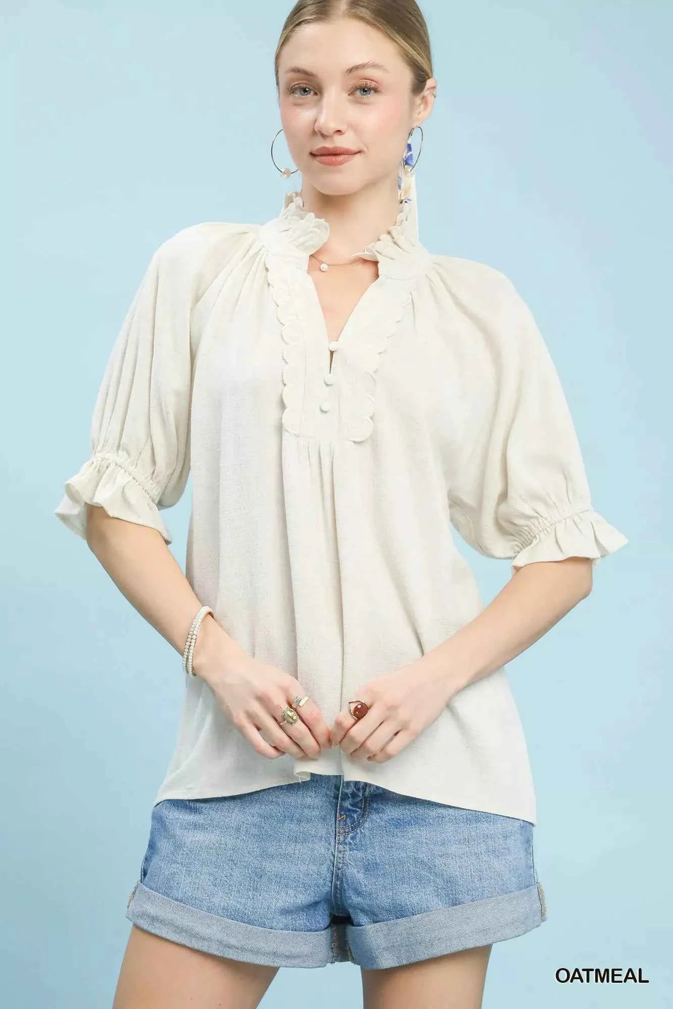 Umgee Linen Scalloped Ruffle Neck Blouse OATMEAL 4bafb29c-05b3-4787-bae6-dc1bf7ac2285-Max-Origin