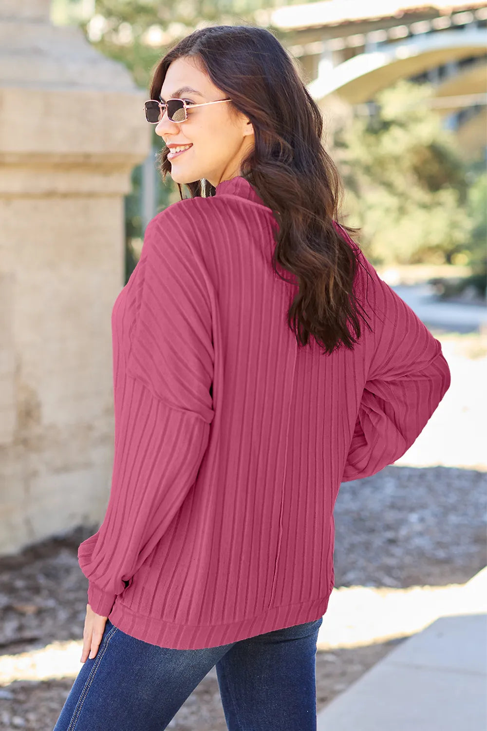 Basic Bae Full Size Ribbed Exposed Seam Mock Neck Knit Top 4bb1663881544b648e37c02a16479586-Max