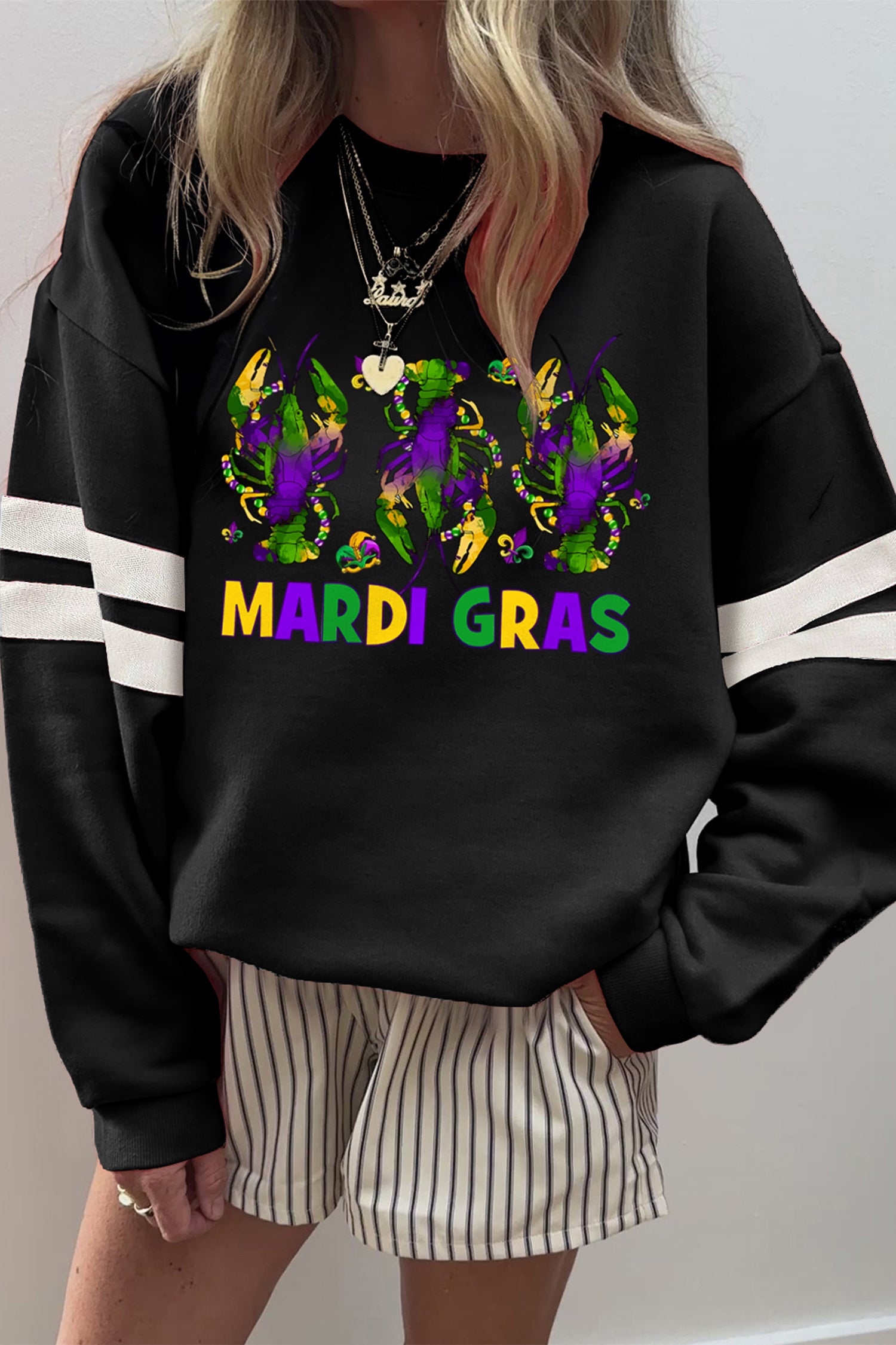 Black MARDI GRAS Crayfish Printed Varsity Striped Drop Shoulder Sweatshirt 4bb4fb38e59eb415