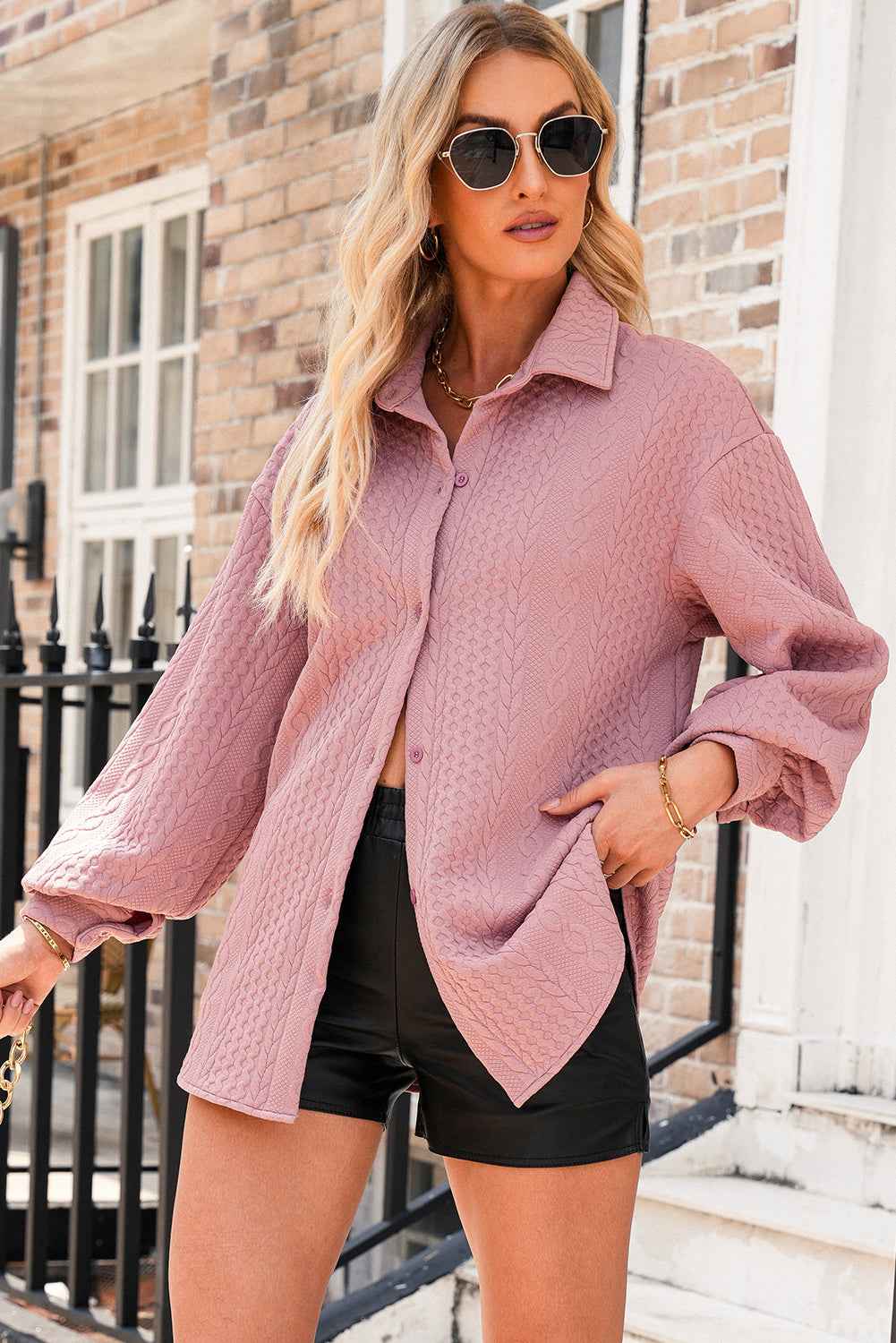 Sepia Rose Cable Texture Puff Sleeve Loose Shacket 4bb93384f2efb2c7