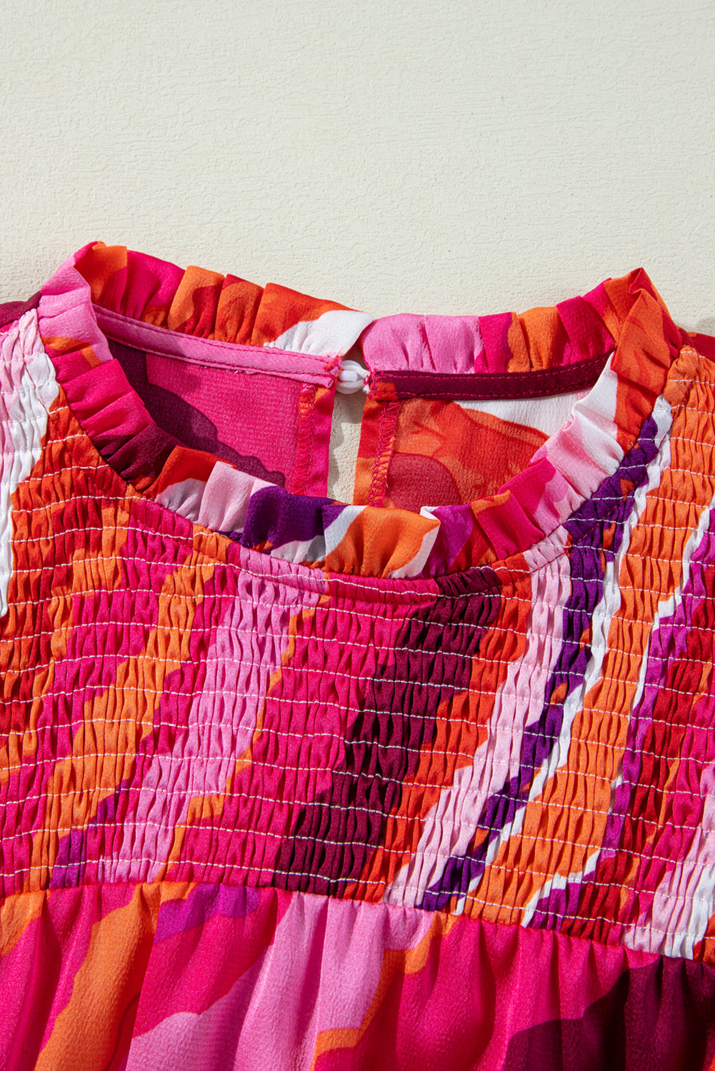 Rose Smocked Frill Neck Abstract Print Blouse 4bc10fa6106e5a93