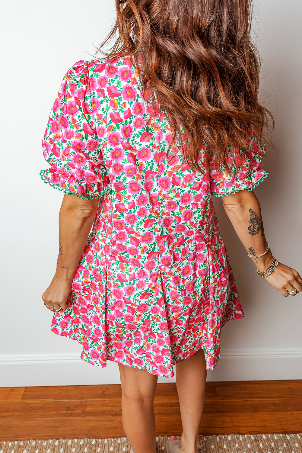 Pink Floral Print V Neck Patchwork Short Bubble Sleeve Mini Dress 4bc1270b5cfccb44