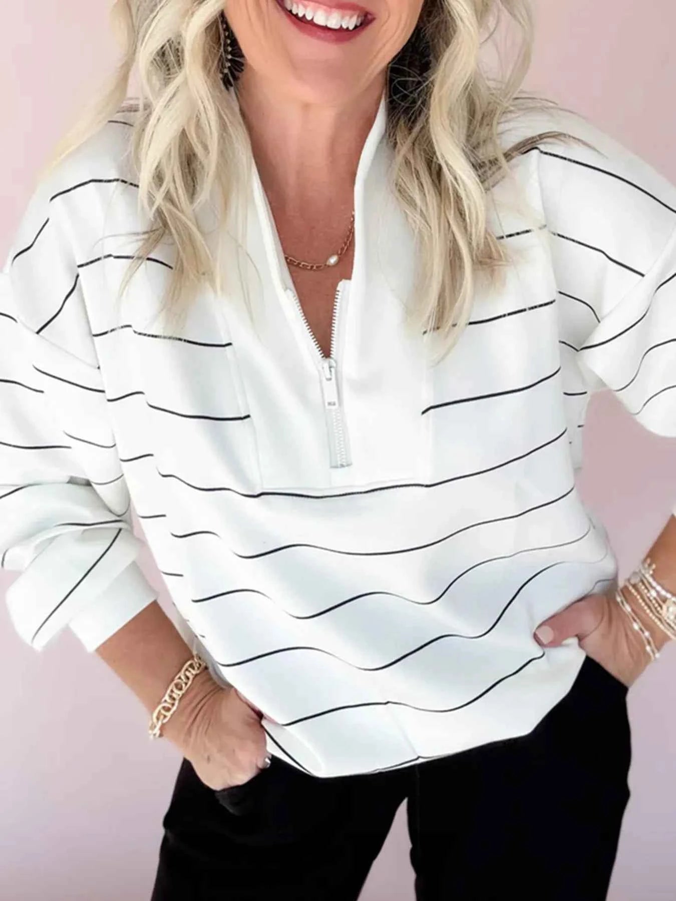 Striped Quarter Zip Sweatshirt with Relaxed Fit White 4bc65e29aa1d4995b9359c716a47549b-Max-Origin