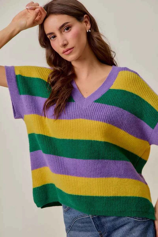 Mardi Gras Loose Fit V Neck Stripe Sweater Top 4bc966e5d6c9413d9929162b89058af2-Max-Origin