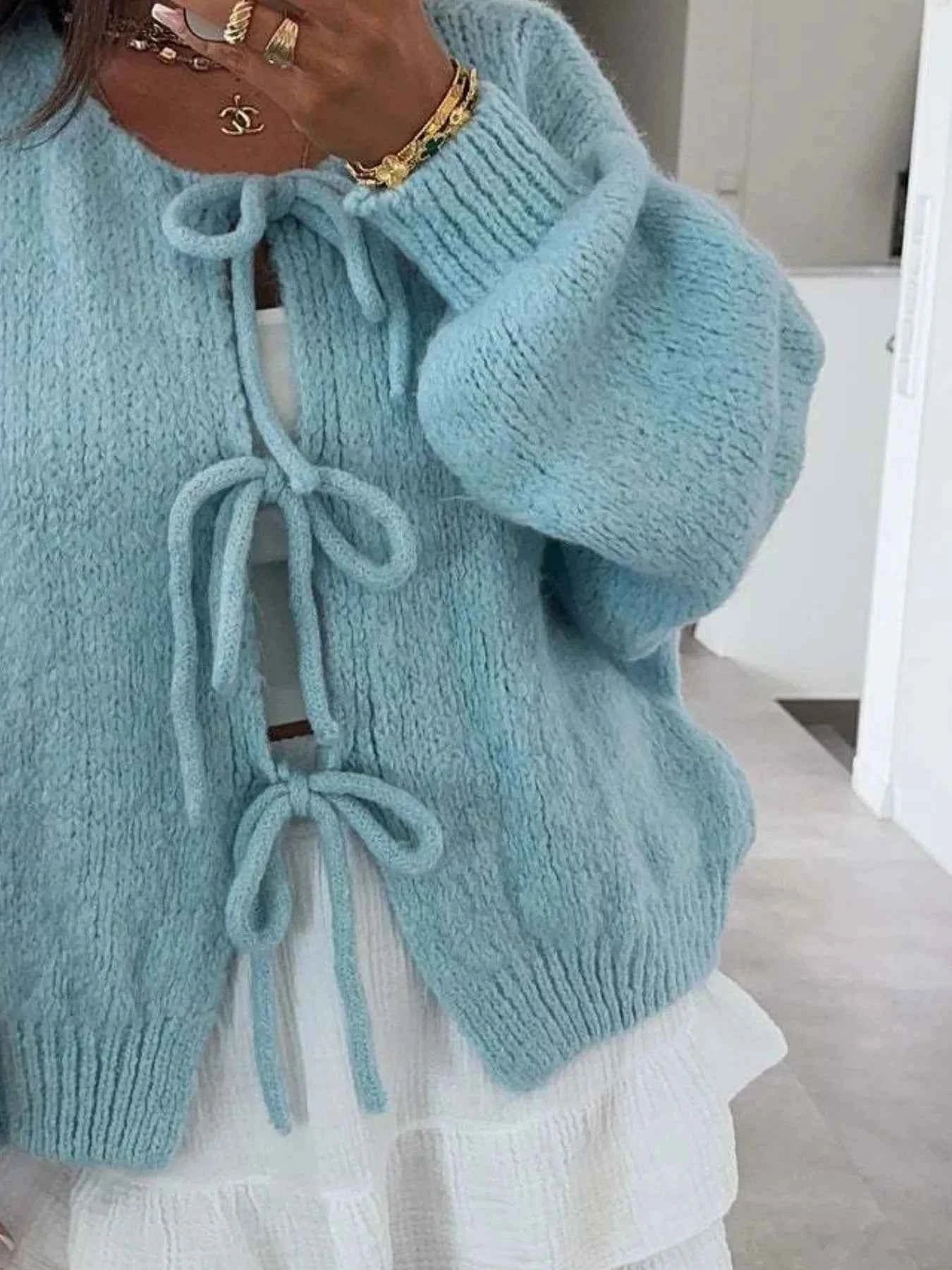 Cozy Bow-Tie Front Knit Cardigan