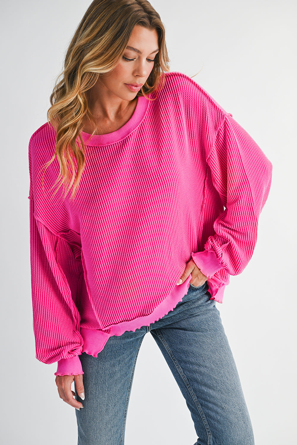 Strawberry Pink Twisted Ribbed Seamed Patchwork Long Sleeve Top 4bd17e5a5f29f1f5