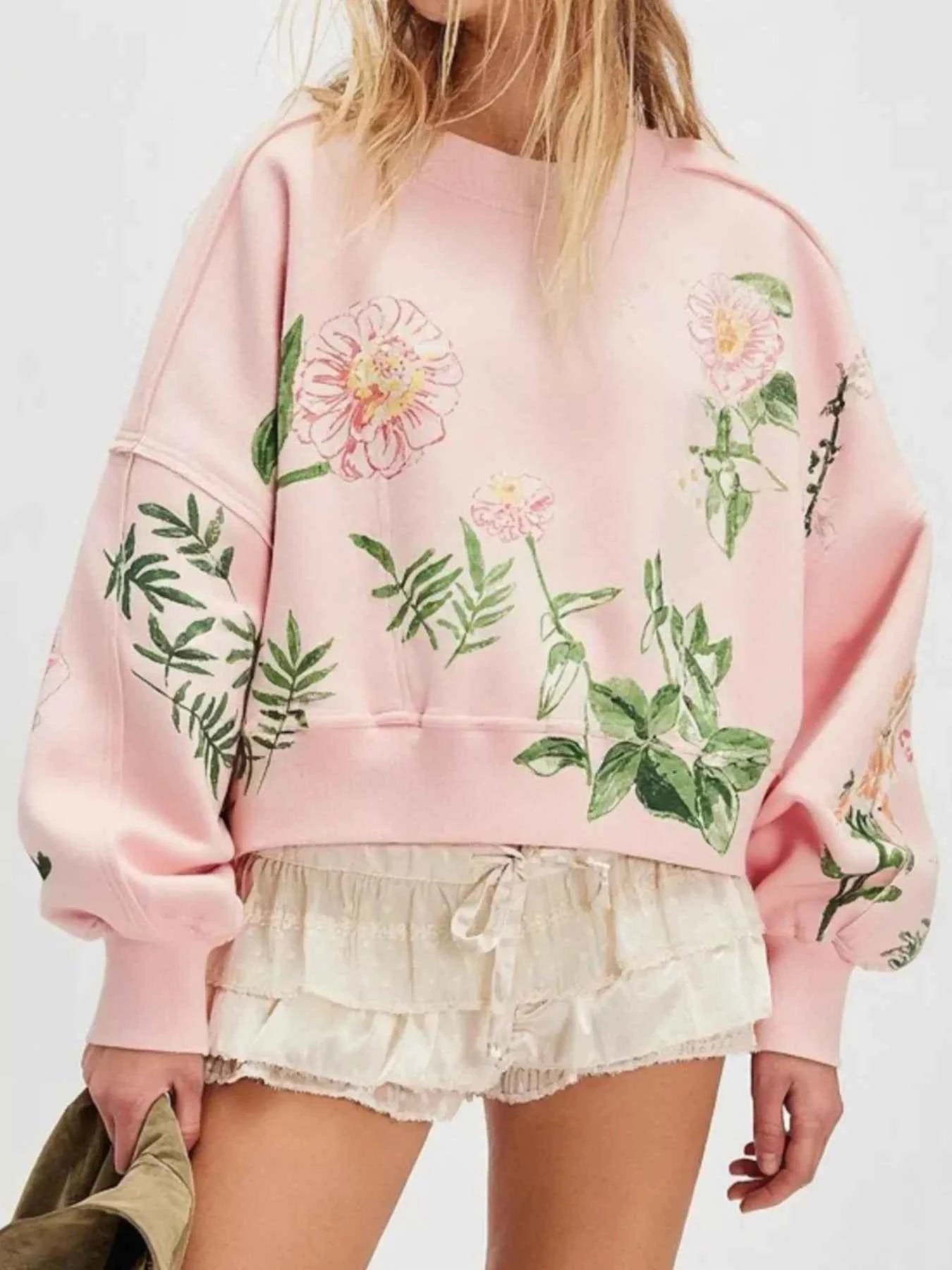 Printed Round Neck Dropped Shoulder Sweatshirt Pink 4bd1b655-96a7-4cf9-bd00-35e67515738b-Max-Origin