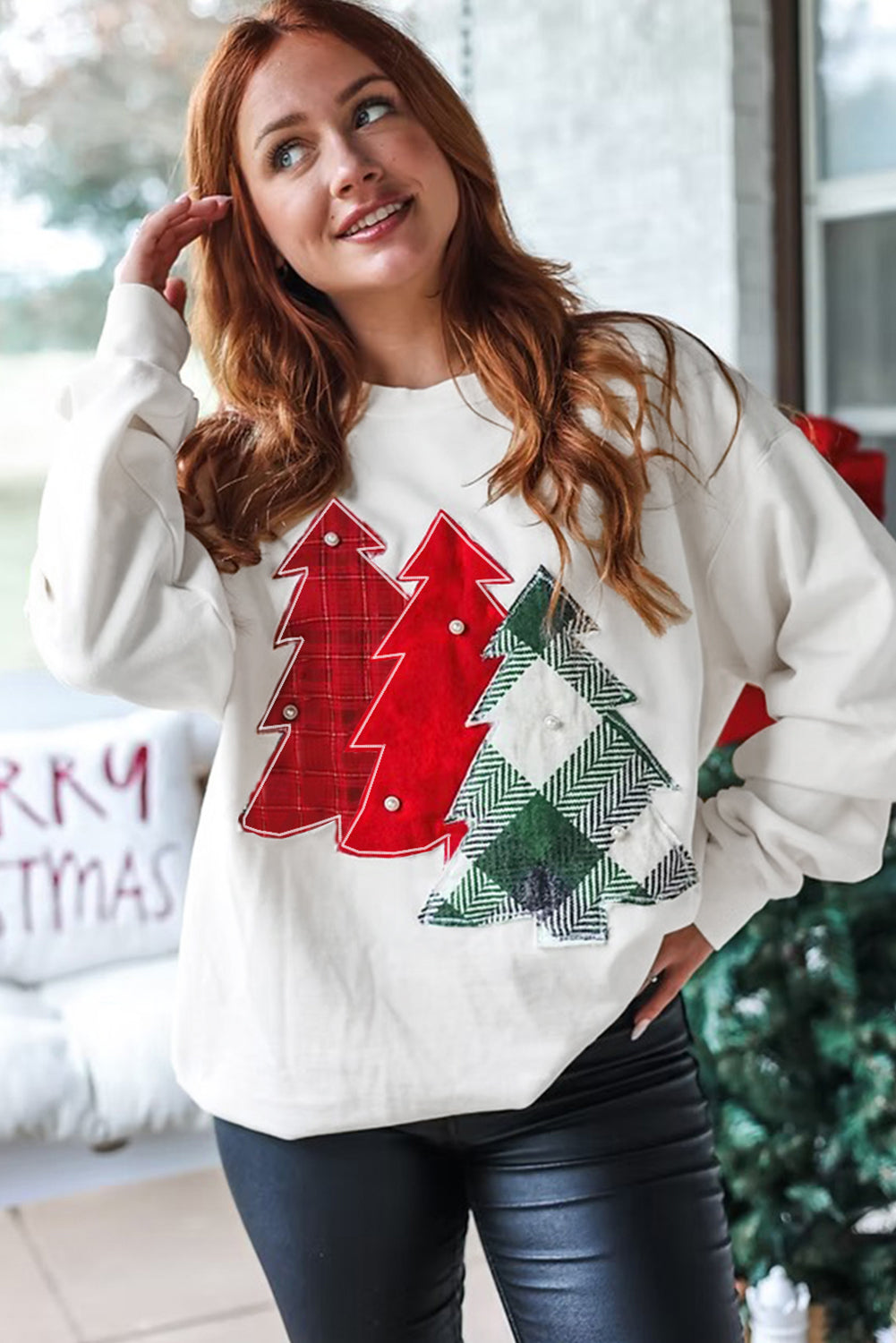 White Pearl Plaid Christmas Tree Patched Drop Shoulder Sweatshirt 4bd6e8a990779e8c