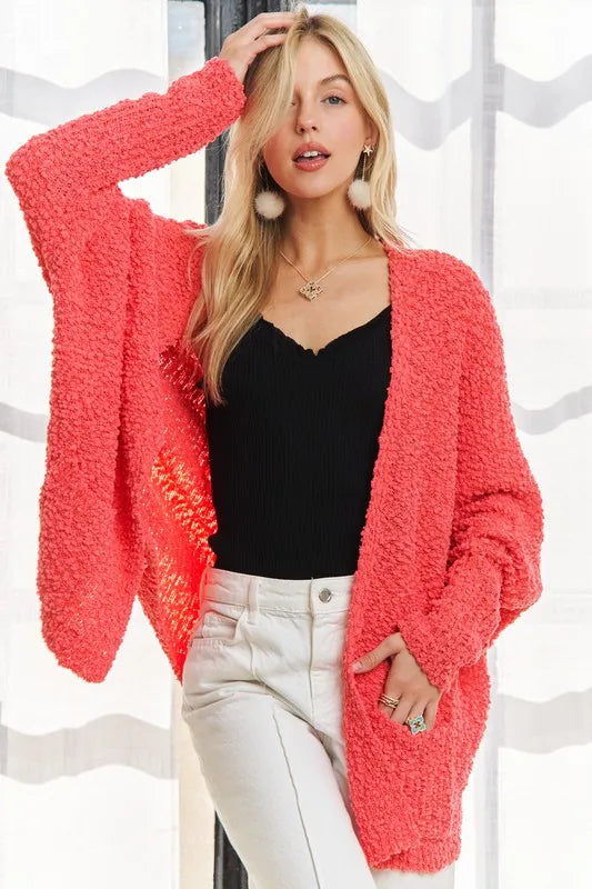 ADORA Popcorn Knit Open Front Long Sleeve Cardigan Coral One Size 4bd76f3e-44e7-4568-92f9-df4ff44b735f-Max