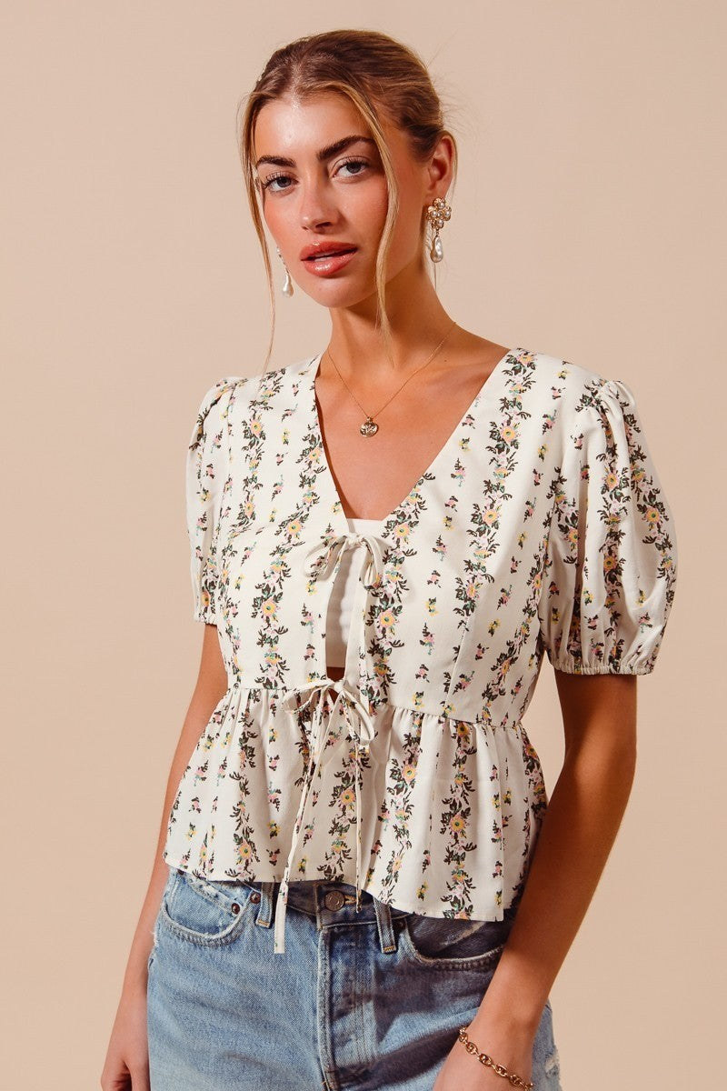 SO ME Floral Print Tie Front Shirred Hem Blouse 4bd7d58238f048d086cdc910346da58b-Max