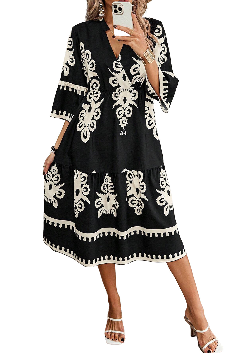 Black Ethnic Print 3/4 Sleeve Loose Midi Dress 4bdafe8ae22d2e08