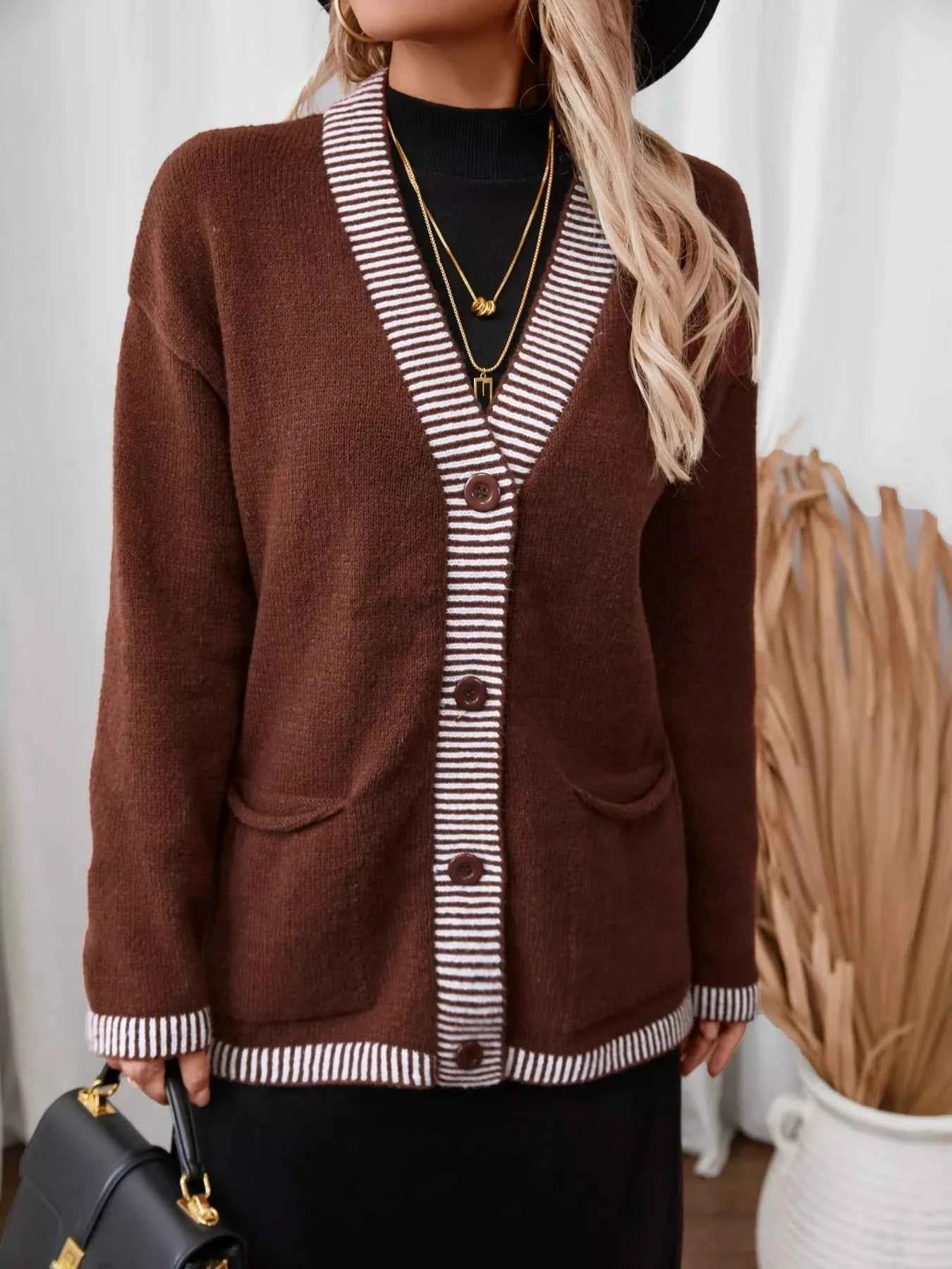 Striped Trim Button Front Pocket Knit Cardigan 4bdc6d9a9d9f4bdfb21383dd8ba7fd88-Max-Origin