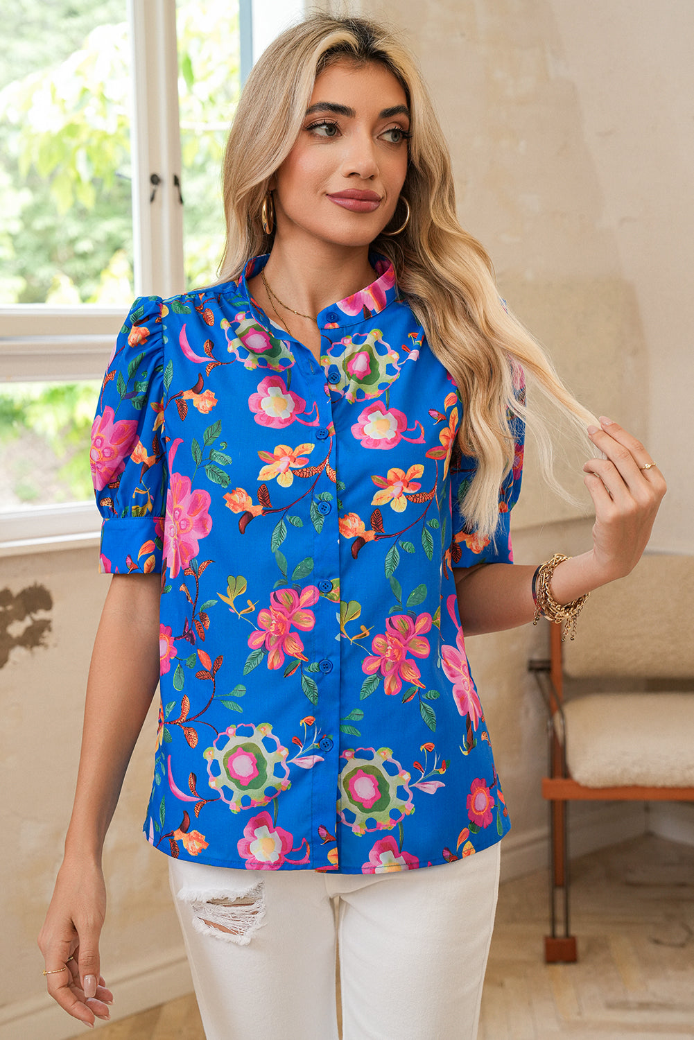 Blue Puff Sleeve Button Up Boho Floral Shirt 4be363f599aa58b7
