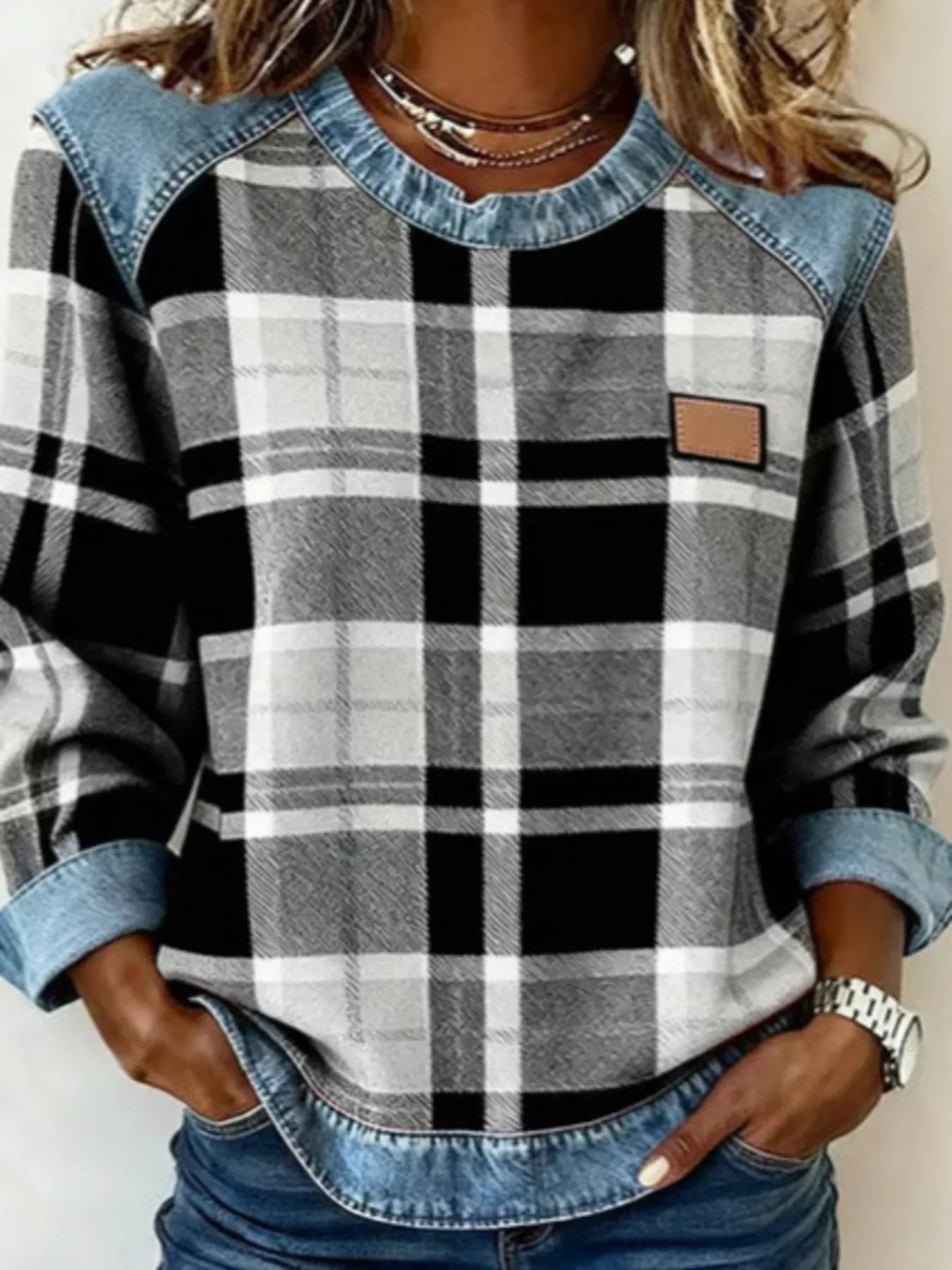 Full Size Plaid Denim Trim Long Sleeve Sweatshirt Plus Size Black 4bec4856f2a2430196794cad17d1e97f-Max-Origin