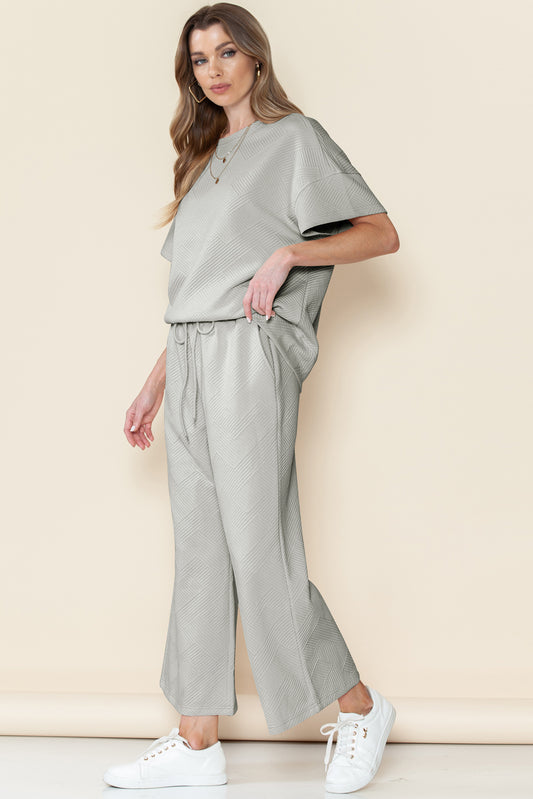 Gray Textured Loose Fit T Shirt & Drawstring Pants Set 4bec78754a2b4941