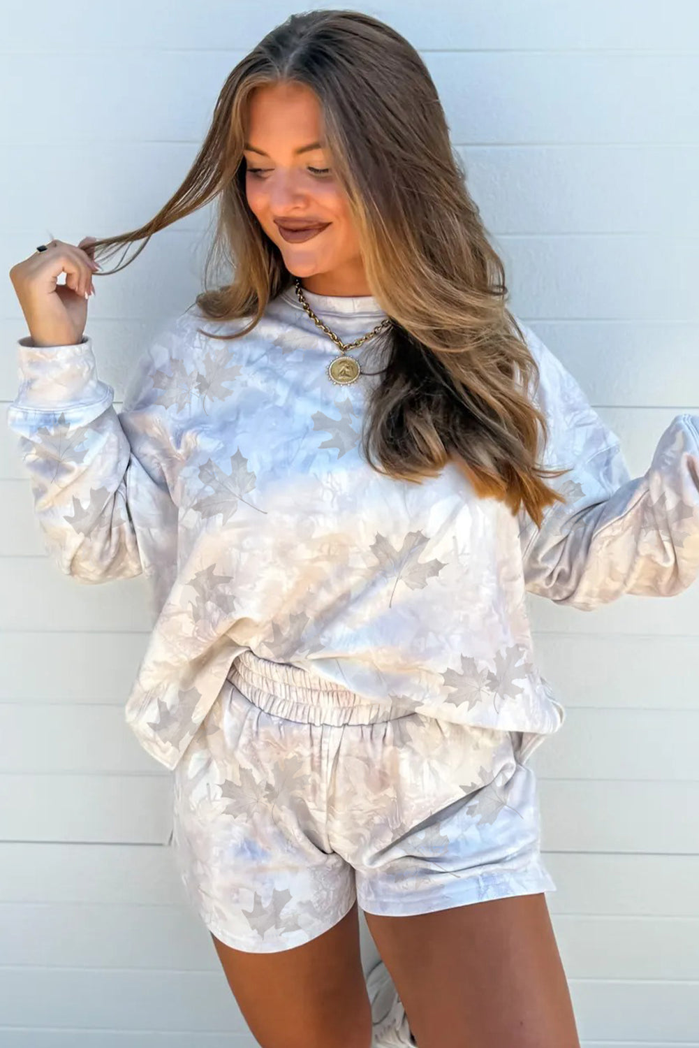 Beige Abstract Maple Leaf Print Long Sleeve Top Elastic Waist Shorts Set 4becb94a7d034085