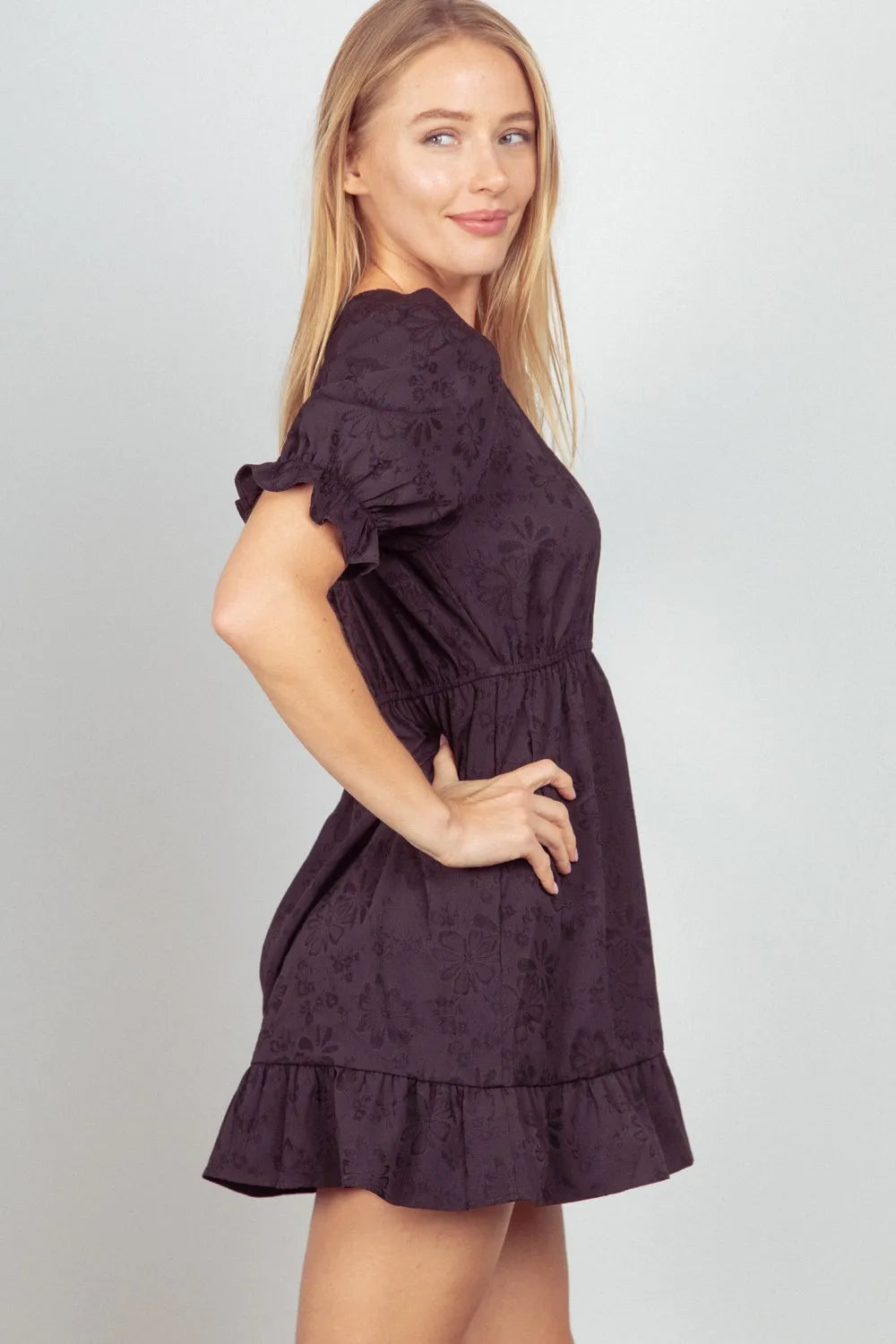 VERY J Floral Textured Woven Ruffled Mini Dress 4bee387d-8e0f-49b0-a6d4-af9c6701ee17-Max