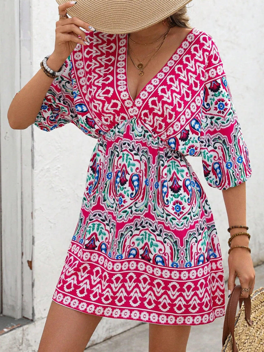 Printed Tie Back Half Sleeve Mini Dress Hot Pink 4bfc695e-6617-4744-ac51-c09dafc7e94d-Max-Origin