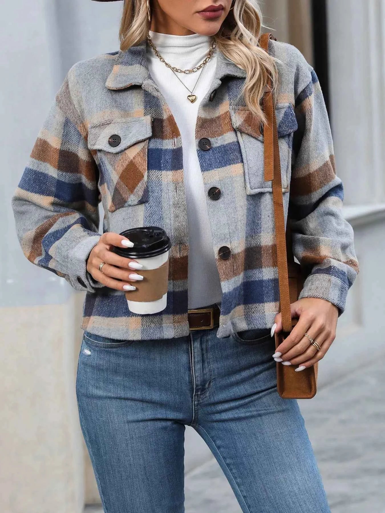 Plaid Oversized Button-Up Cropped Jacket Taupe 4c042d42-26bd-4627-90d2-0040bb9e9875-Max-Origin
