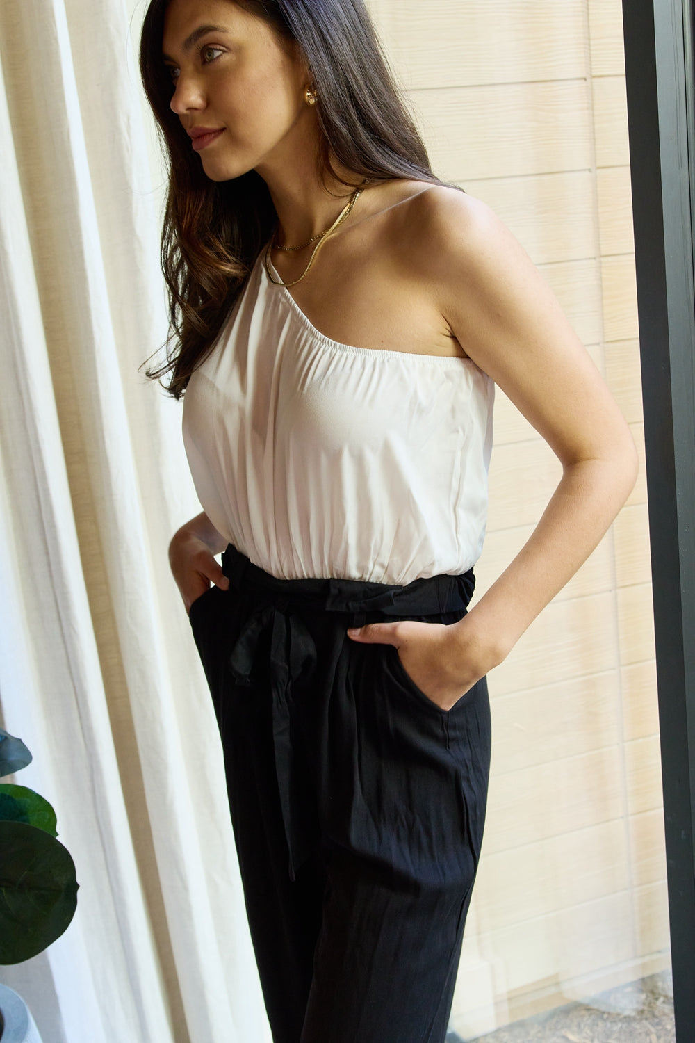 Dress Day Marvelous in Manhattan One-Shoulder Jumpsuit in White/Black 4c071a04f08b421f9e4e74035f3a1f5e-Max