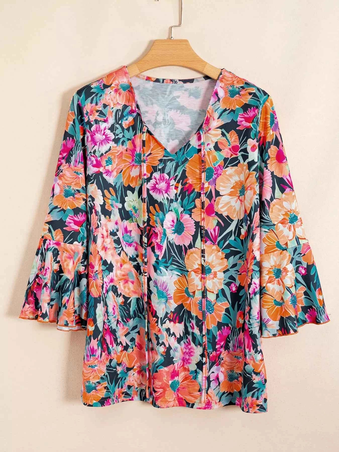Floral 3/4 Flare Sleeve Tied Neck Blouse 4c0af4e9199443fd988ce41767809844-Max-Origin