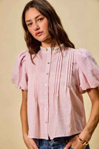 SO ME Gingham Lace Trim Button Bubble Sleeves Blouse 4c0e4a1ea8f04b10856e781f0203ea2e-Max-Origin