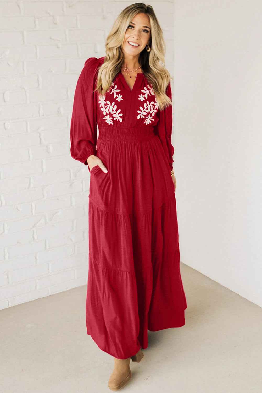 Racing Red Contrast Embroidered Detail Cinched Waist Tiered Long Sleeve Maxi Dress 4c1a24a16ef5c934
