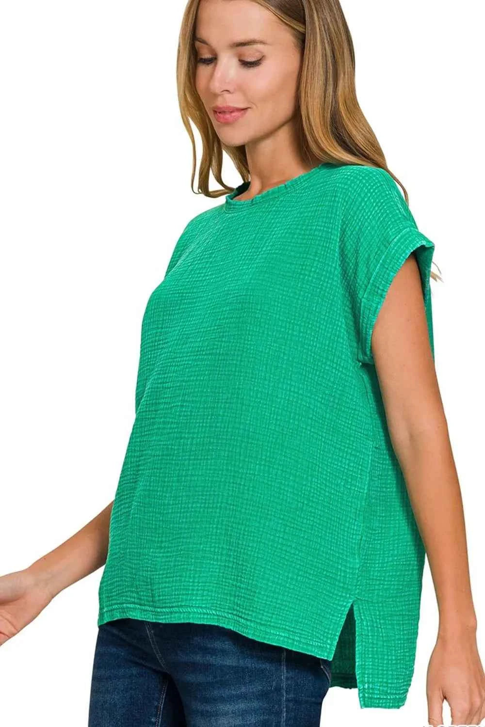 Zenana Woven Double Gauze Acid Washed Short Sleeve Top 4c1ba92b-7ae0-440d-8d1b-010237c81989-Max-Origin