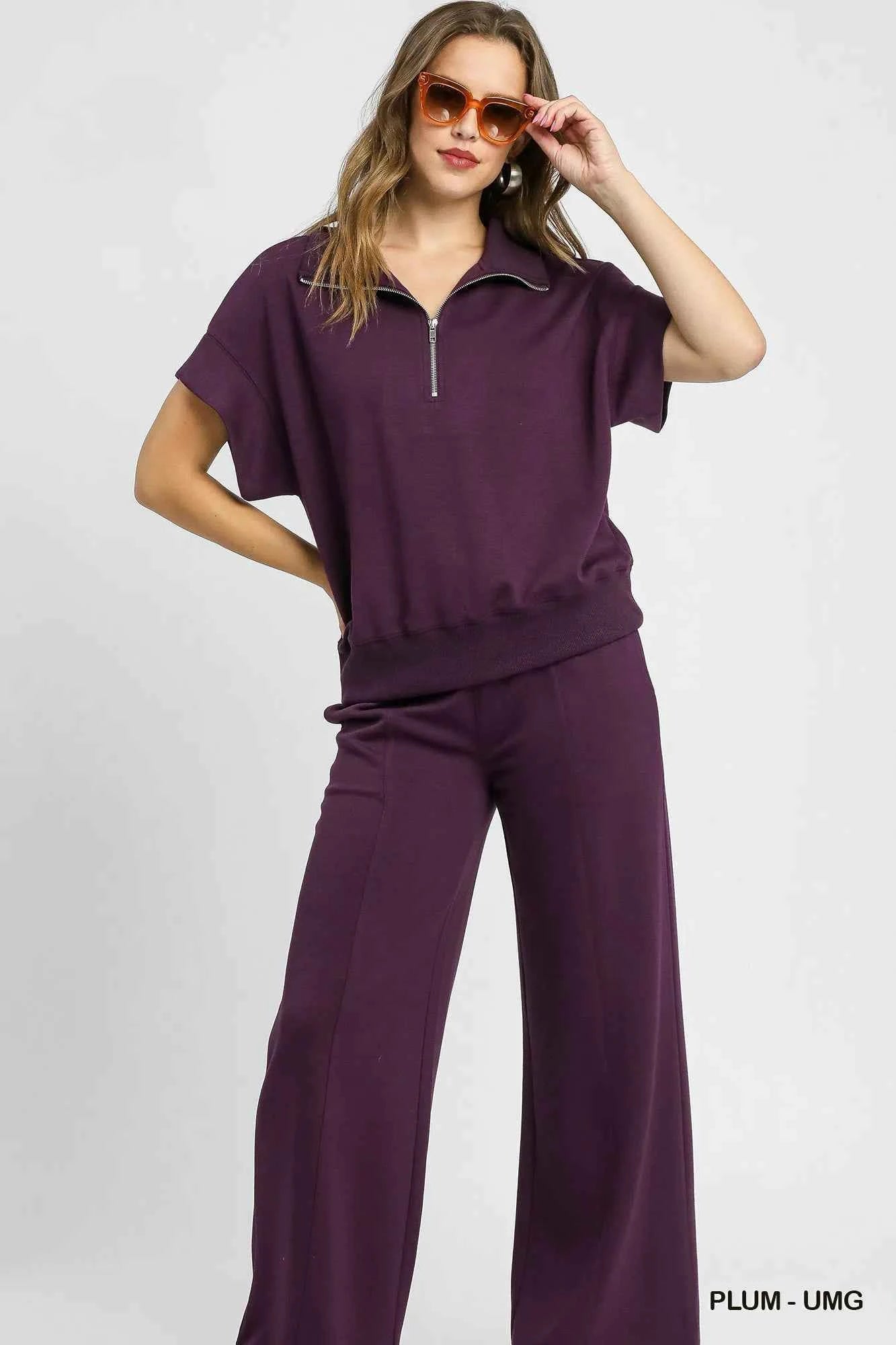 Umgee Full Size Half-Zip Short Sleeve Top Plus Size 4c1d50ba-32c4-46b3-bdf4-01a7b7be866a-Max-Origin