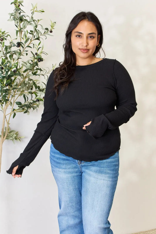 Culture Code Full Size Ribbed Round Neck Long Sleeve Top Black 4c20f728e87a4b05a1e1a9b05213172c-Max
