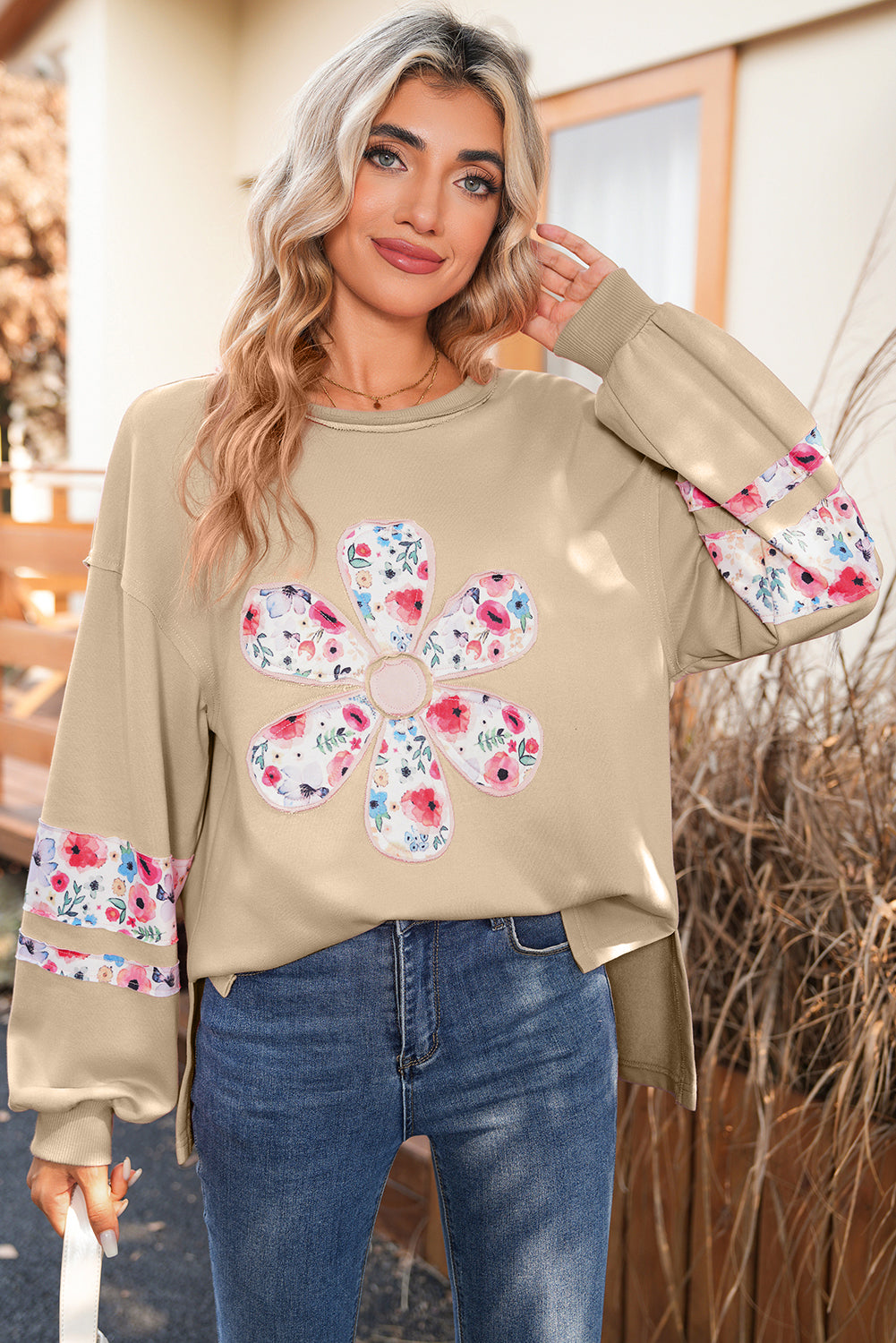 Wisteria Flower Applique Patchwork Drop Sleeve Pullover Sweatshirt 4c22a47cee7c926c
