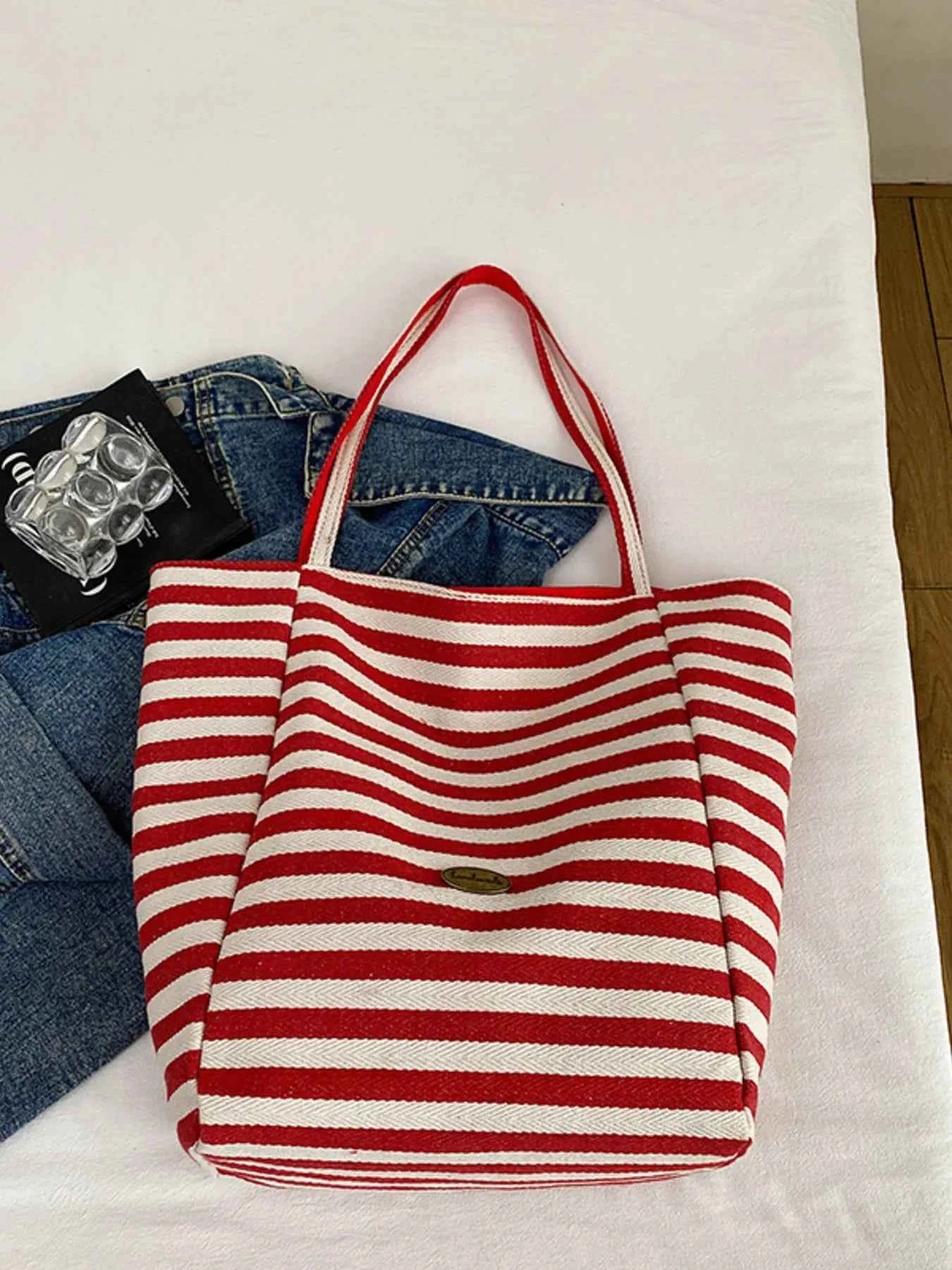 Striped Canvas Tote Bag Red One Size 4c255c98255542c79376aae41d85bb17-Max-Origin