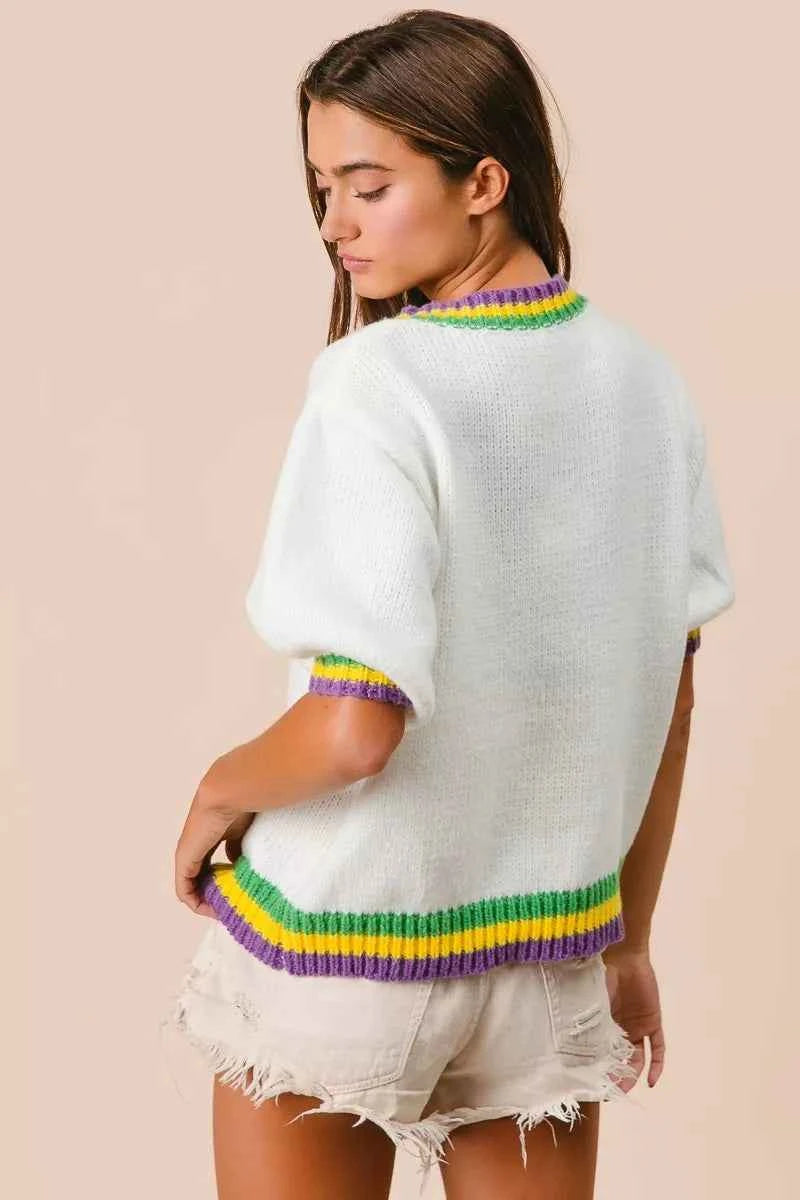 BiBi Short Puff Sleeve Ribbon Bow Mardi Gras Sweater 4c25b203edf2475992493845513376c9-Max-Origin