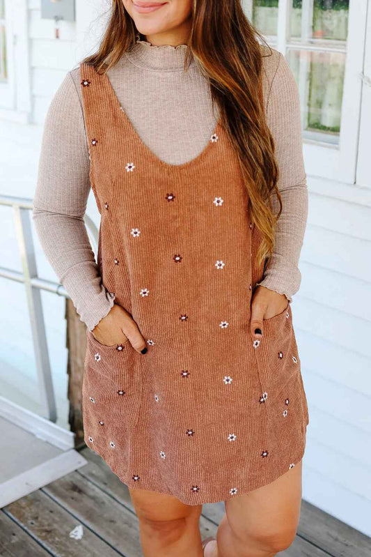 Gold Flame Flower Embroidered Corduroy Overall Mini Dress Gold Flame 100%Polyester 4c27af6fc3aa0cf8