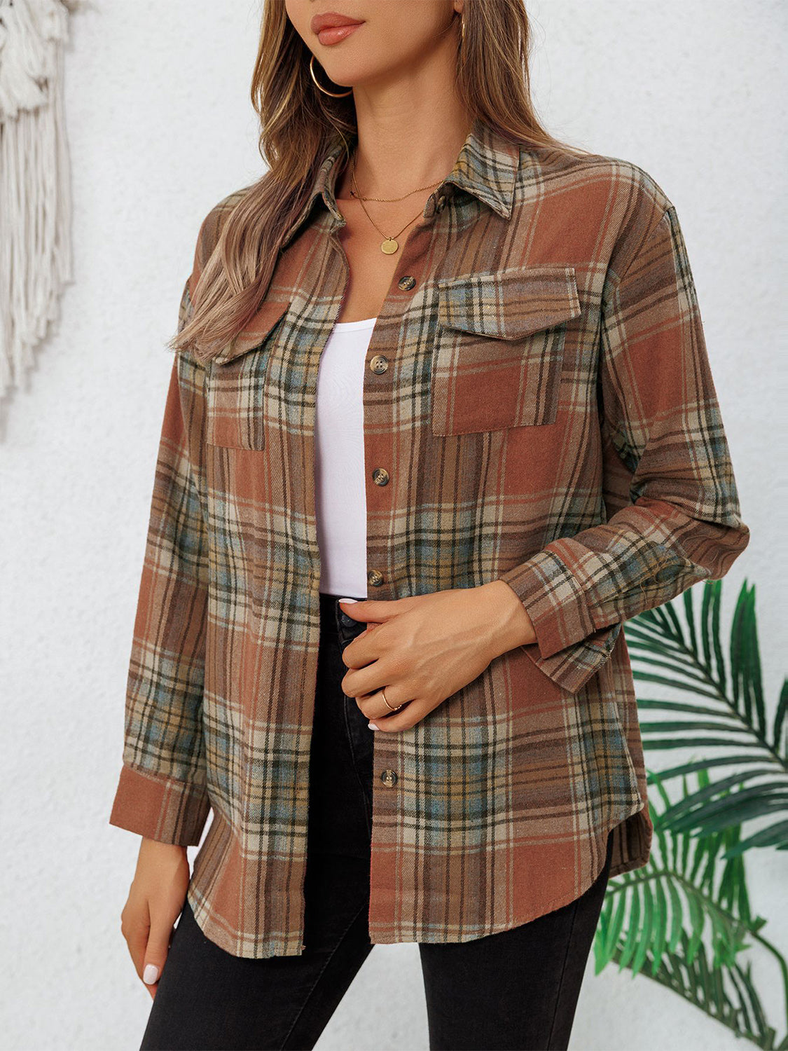 Plaid Collared Neck Button Up Long Sleeve Shirt