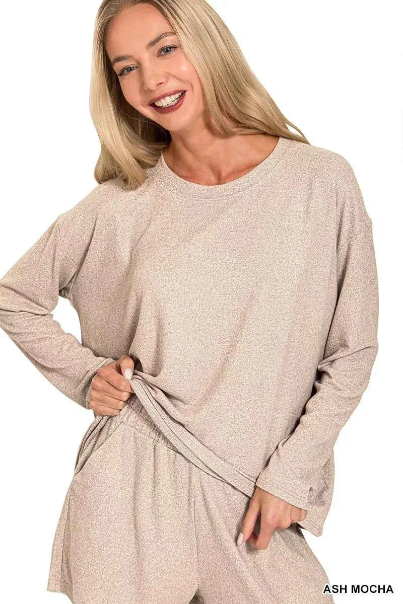 Zenana Soft Melange Long Sleeve Tee and Shorts Set 4c2cda426d9640bbb41fdb8614eaed7b-Max-Origin