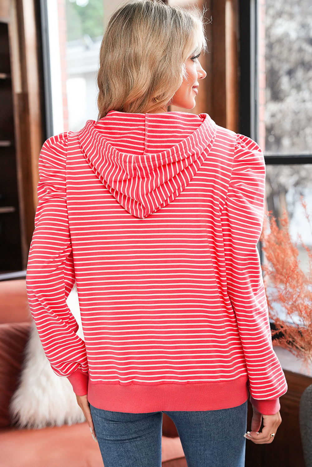 Red Striped Puff Sleeve Drawstring Hoodie 4c325a718f194fa2