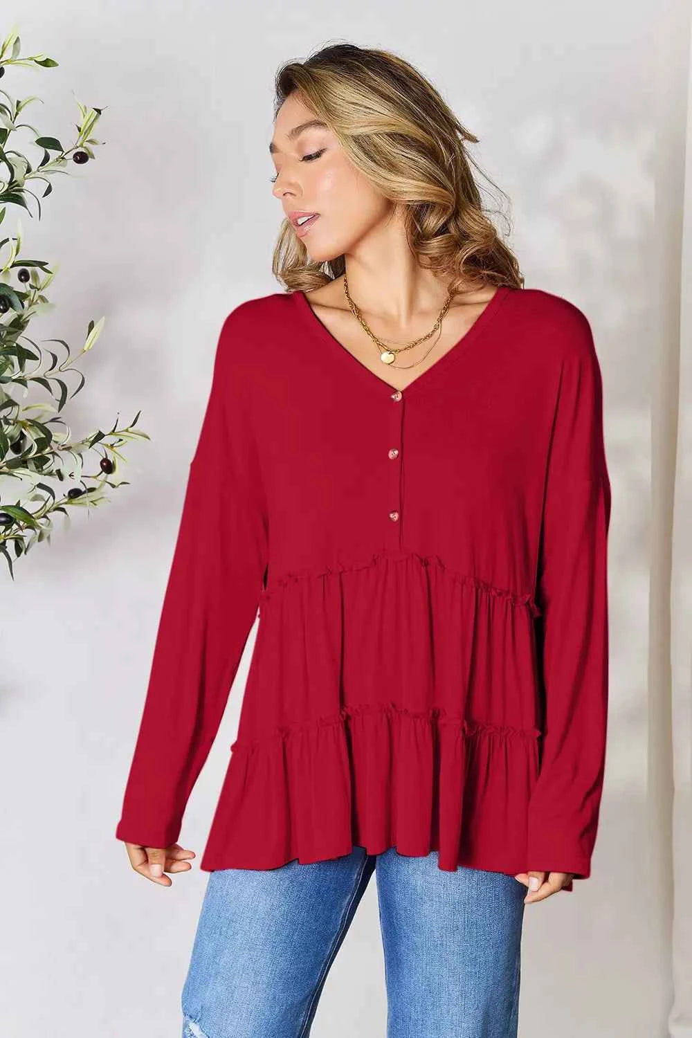 Double Take Half Button Long Sleeve Ruffle Hem Blouse 4c336d06fd784f9c8ddab7360f8b8da6-Max