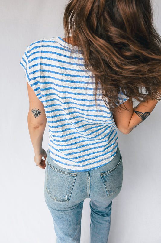 Blue Stripe Textured Short Sleeve Patchwork T Shirt 4c34e62f9a2af5a7