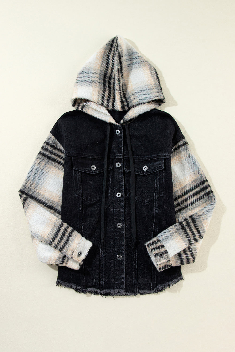 Black Patchwork Plaid Sleeve Frayed Hem Hooded Denim Jacket 4c3553eddb1ebd05